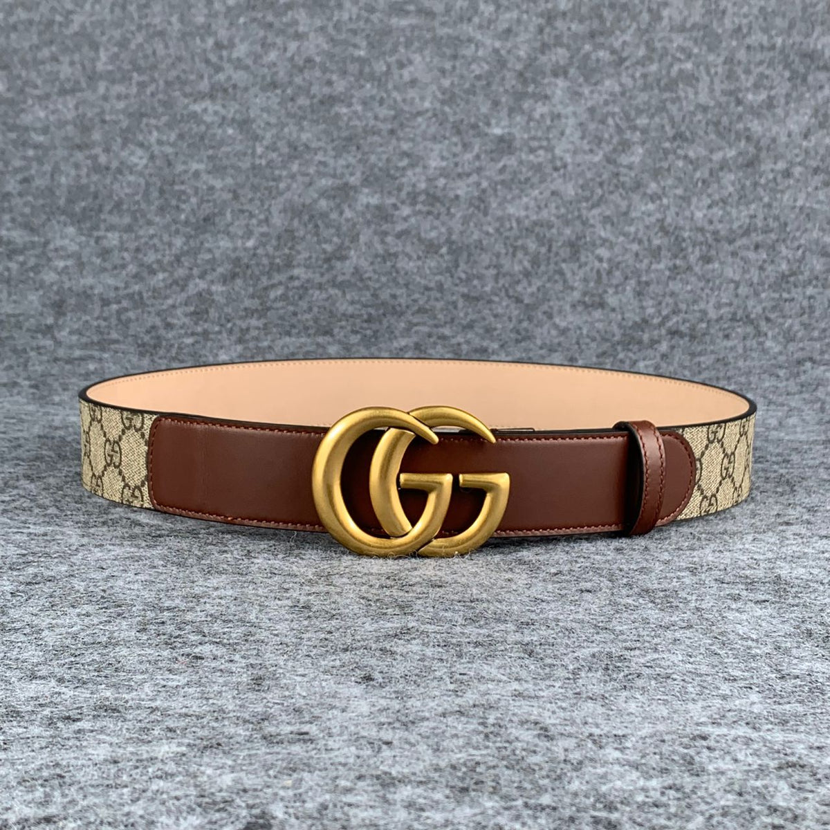 GG Leather Belt with Double G Buckle, 1.5” Width ‘Brown’